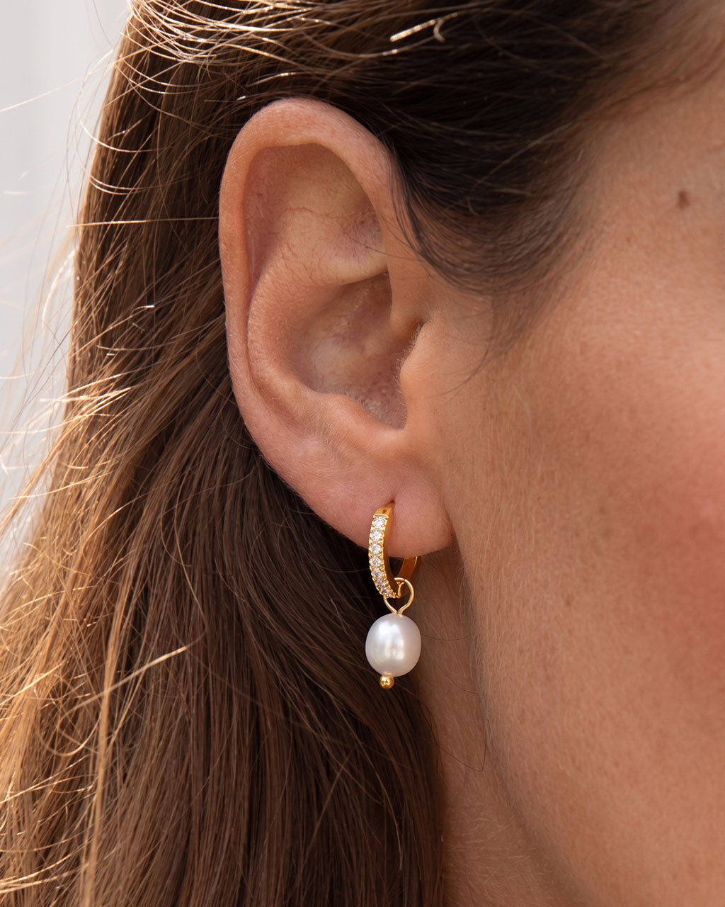 Pearl Drop Pave Huggie Hoop Waterproof Gold Earrings