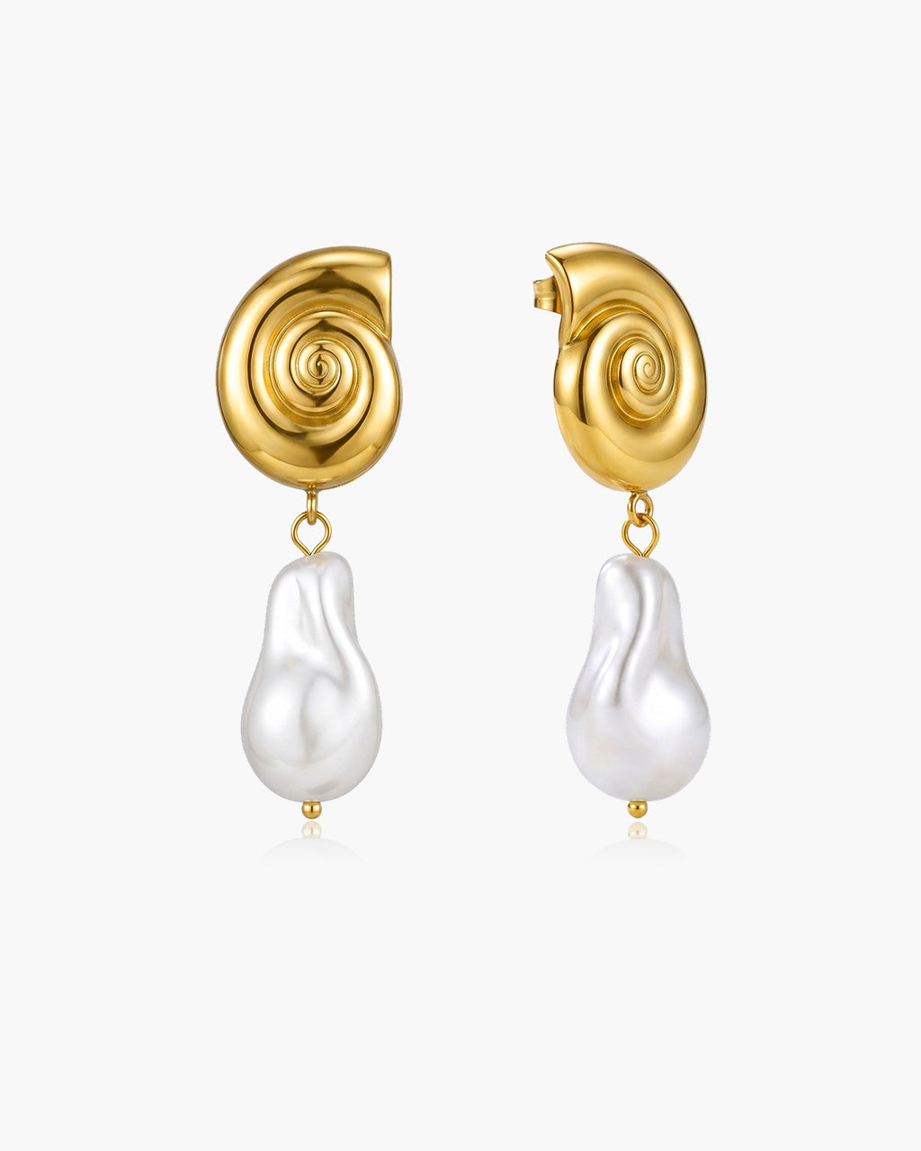 Pearl Drop Spiral Shell Stud Waterproof Gold Earrings