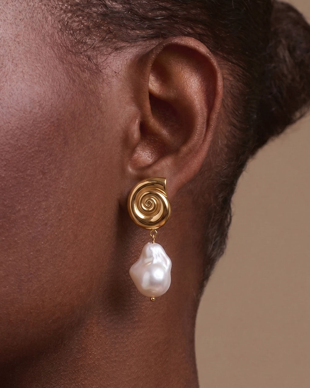 Pearl Drop Spiral Shell Stud Waterproof Gold Earrings