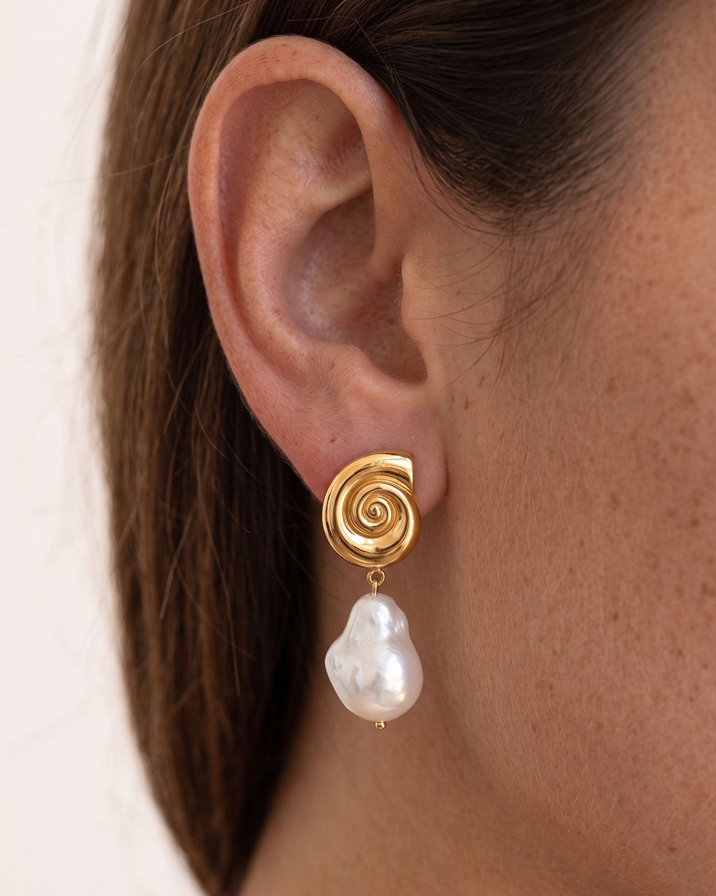 Pearl Drop Spiral Shell Stud Waterproof Gold Earrings