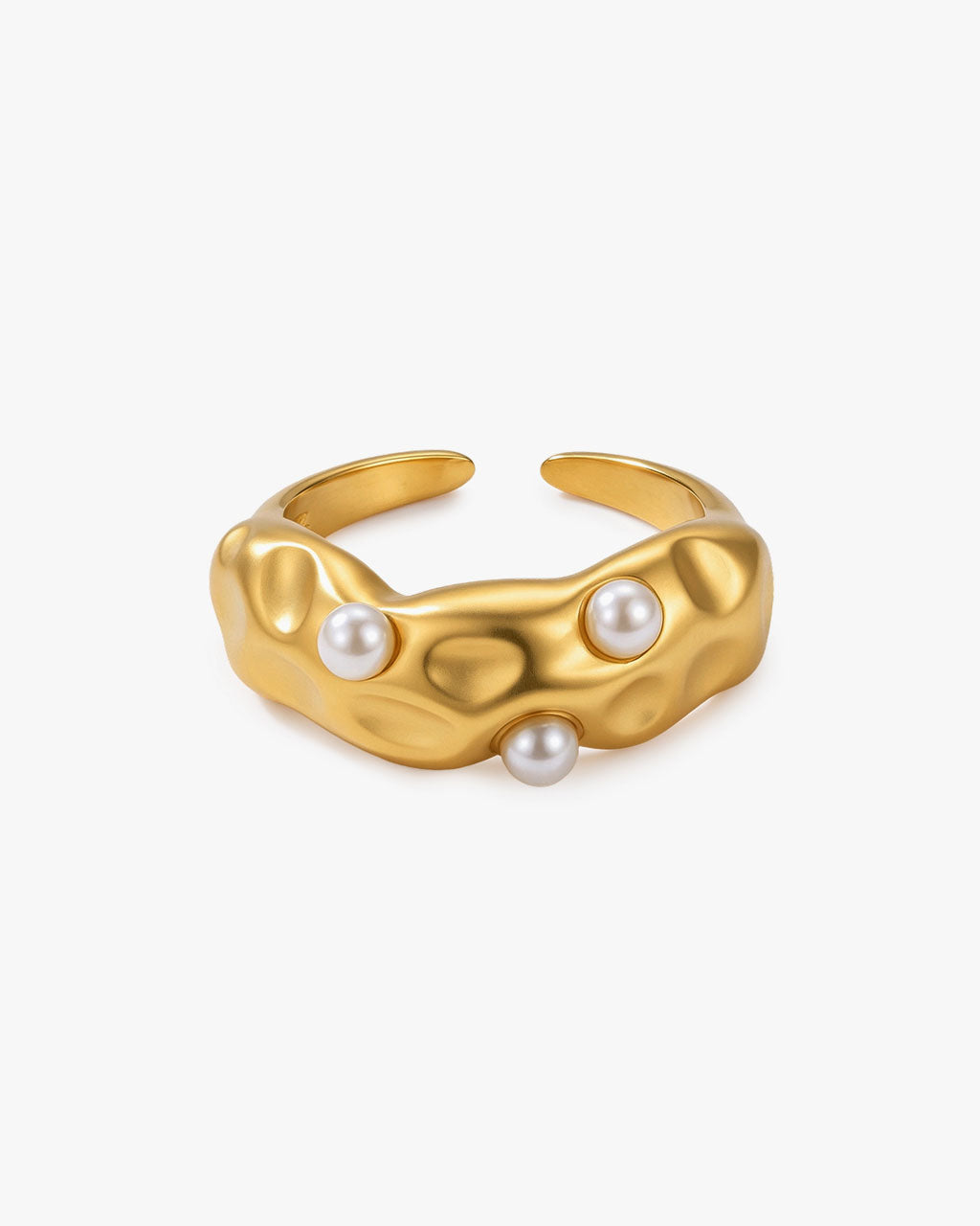 Pearl Hammered Open Wide Band Waterproof Gold Ring