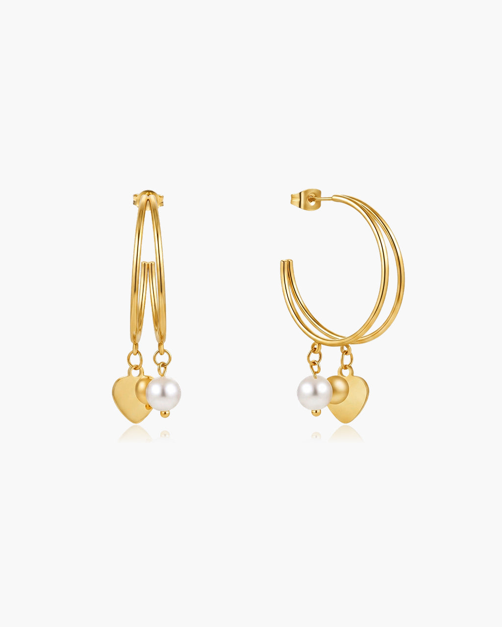 Pearl Heart Double C Hoop Waterproof Gold Earrings