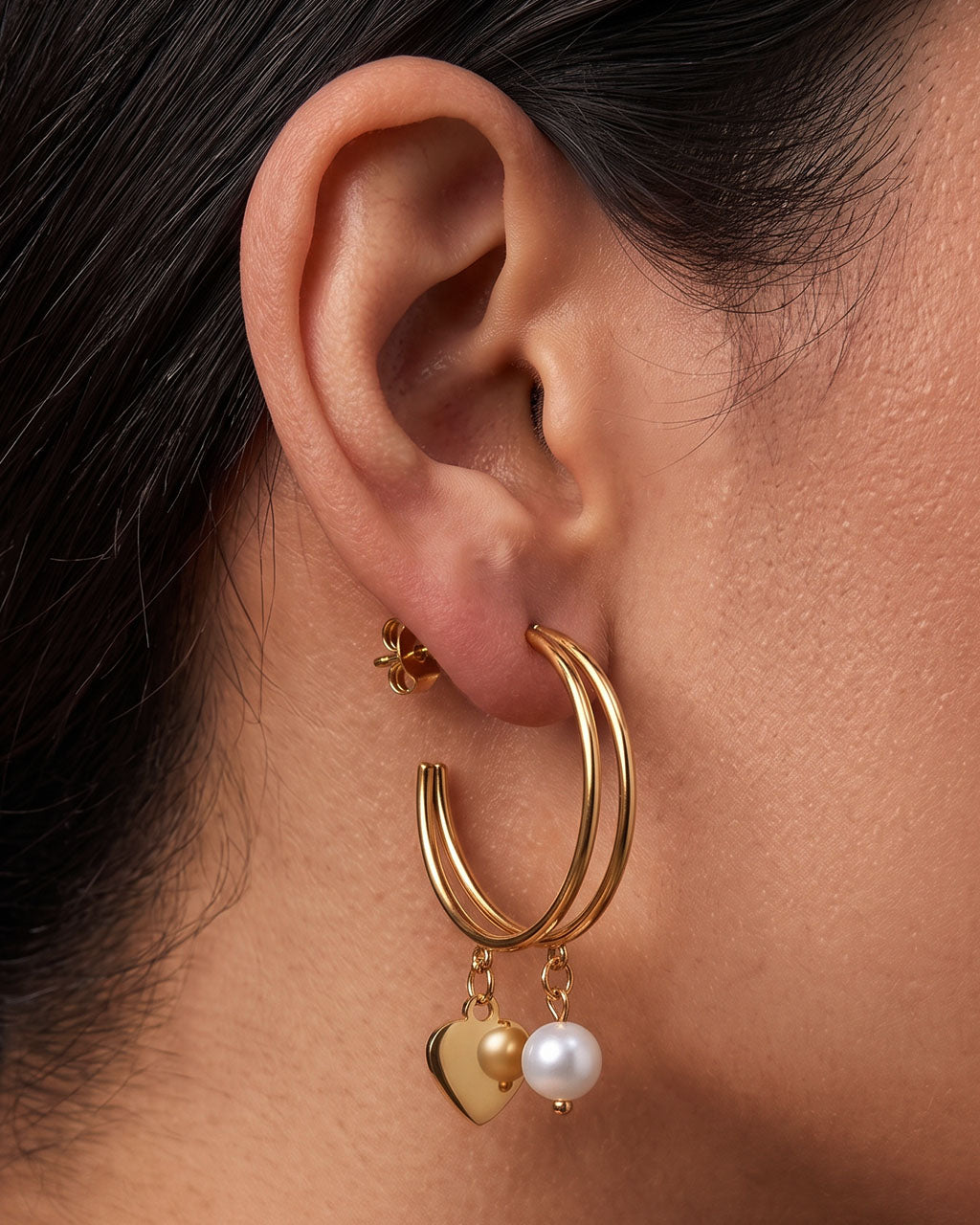 Pearl Heart Double C Hoop Waterproof Gold Earrings
