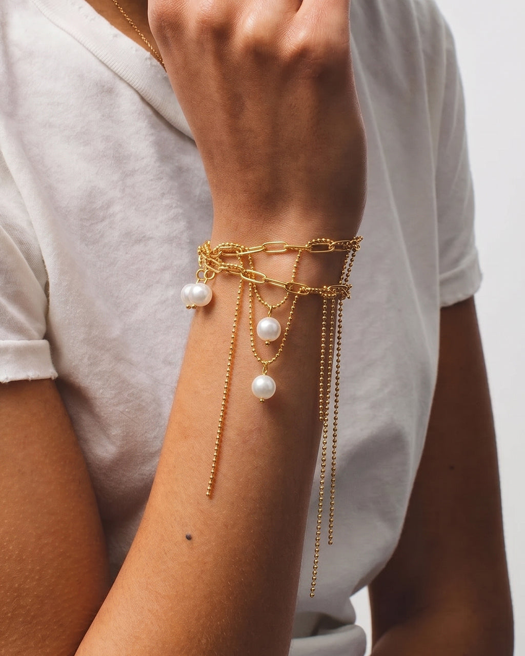 Pearl Layered Chain Tassel Waterproof Gold Bracelet
