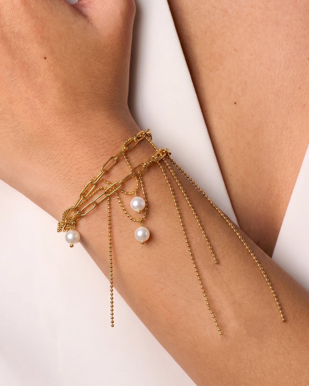 Pearl Layered Chain Tassel Waterproof Gold Bracelet