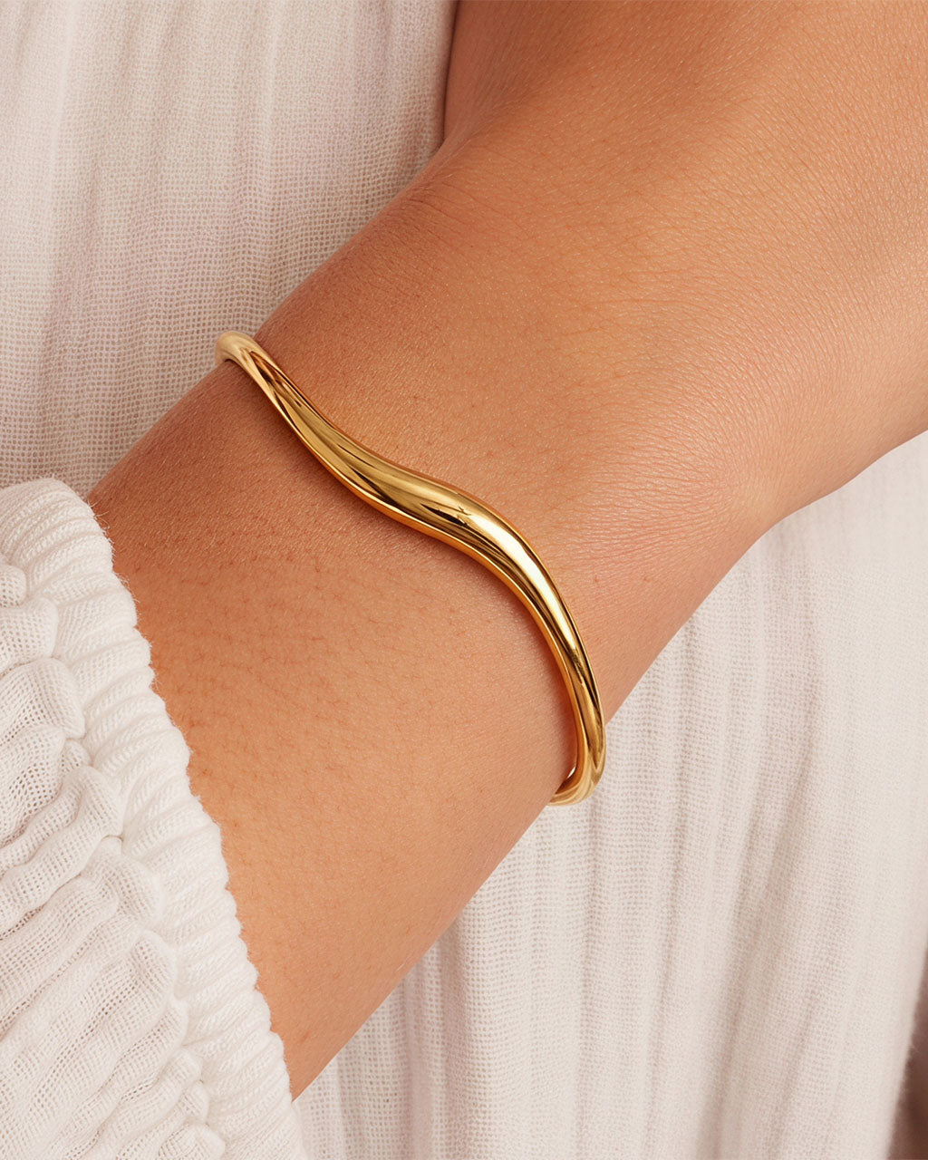 Polished Organic Wave Cuff Waterproof Gold Bracelet