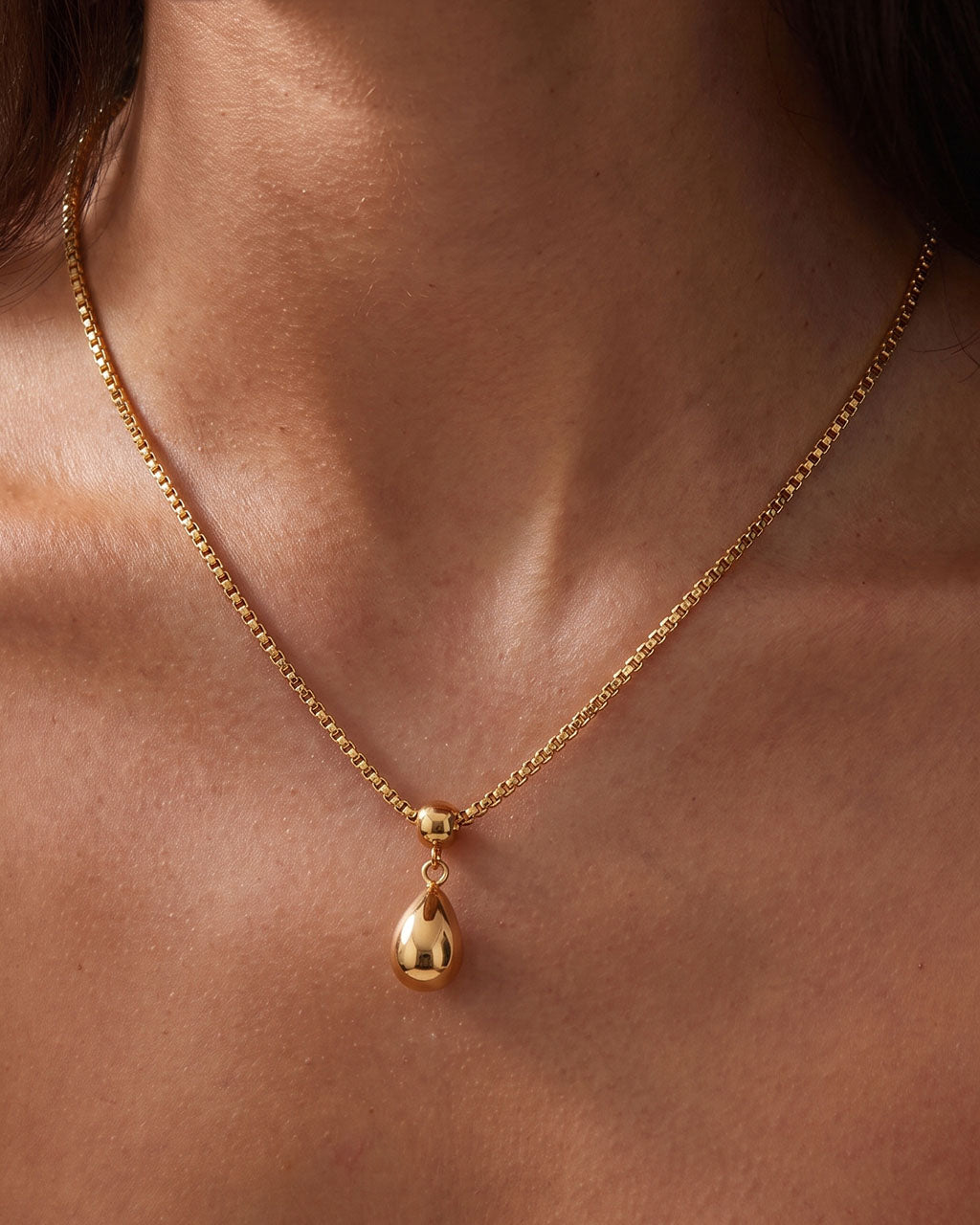 Polished Teardrop Box Chain Waterproof Gold Necklace