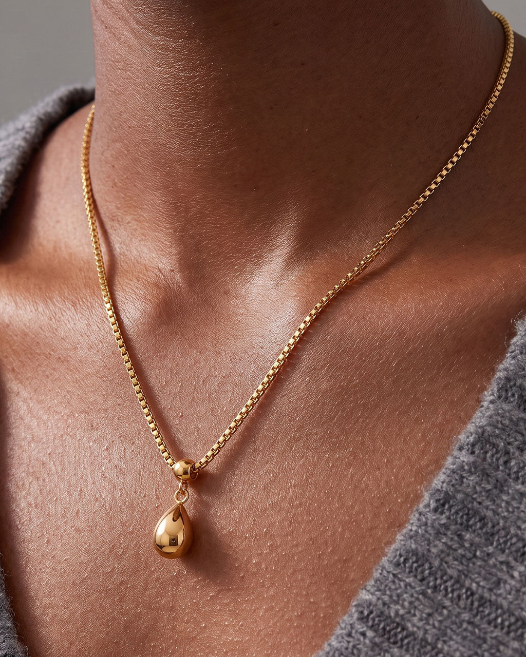 Polished Teardrop Box Chain Waterproof Gold Necklace