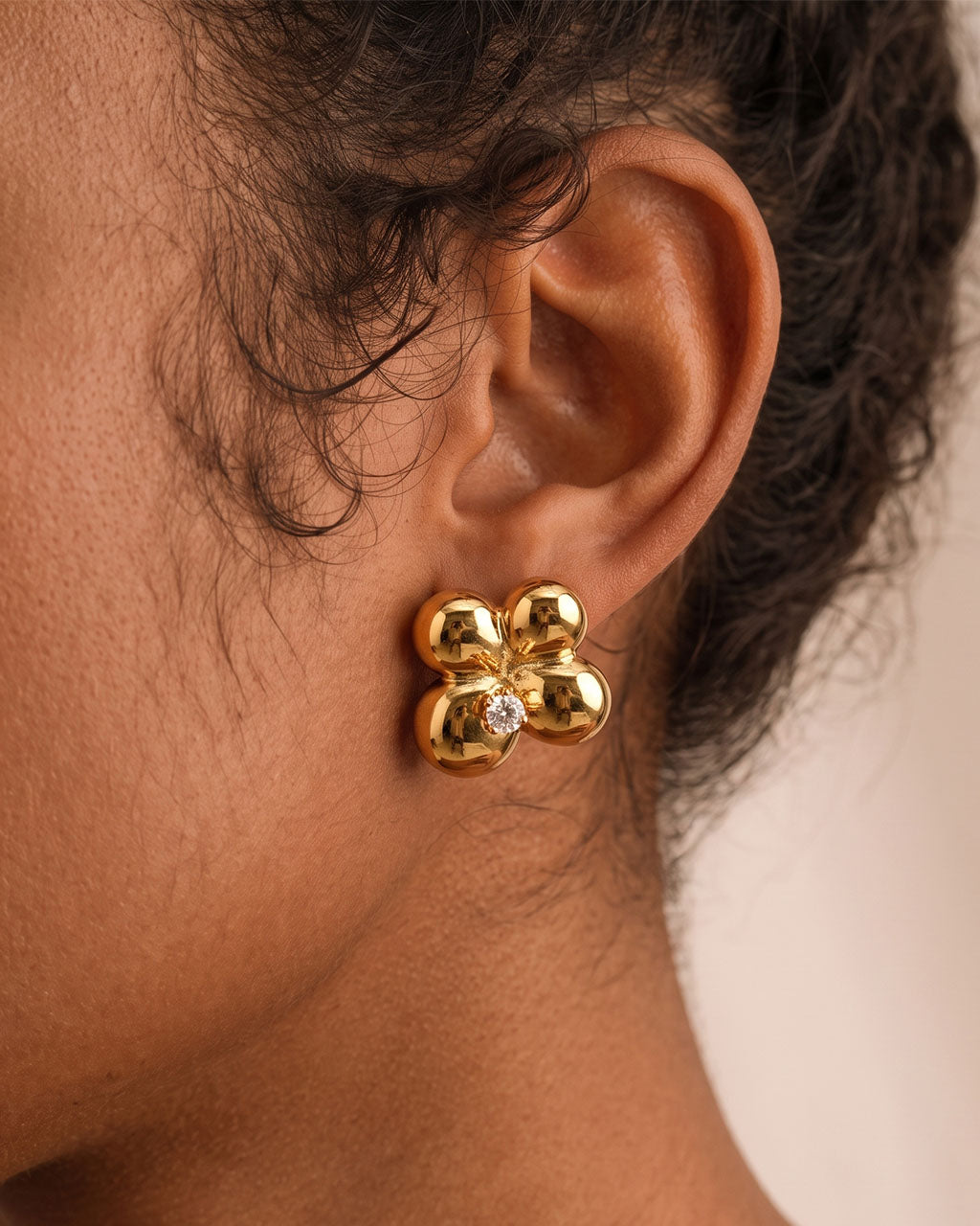 Puffy Flower Solitaire Stud Waterproof Gold Earrings