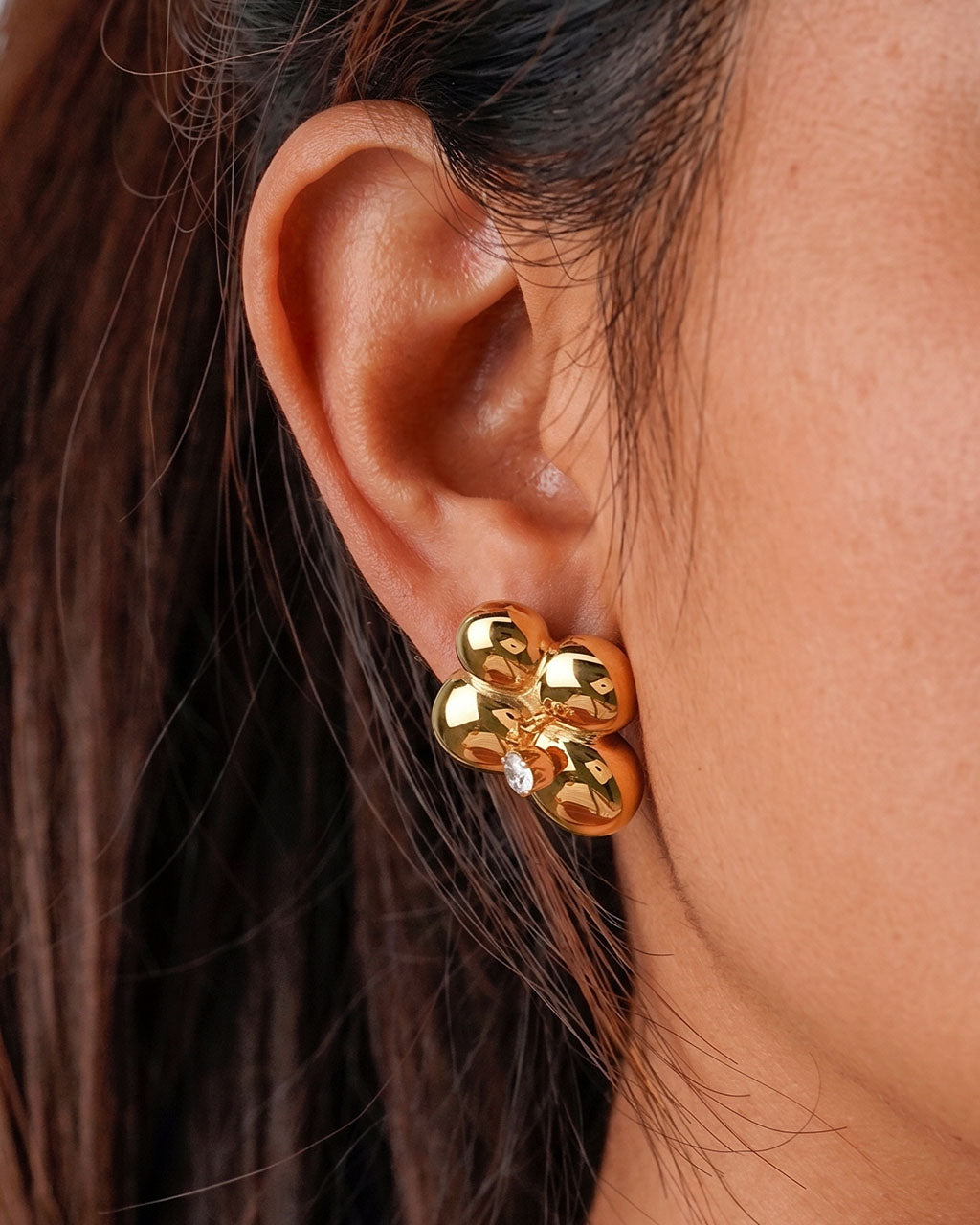 Puffy Flower Solitaire Stud Waterproof Gold Earrings
