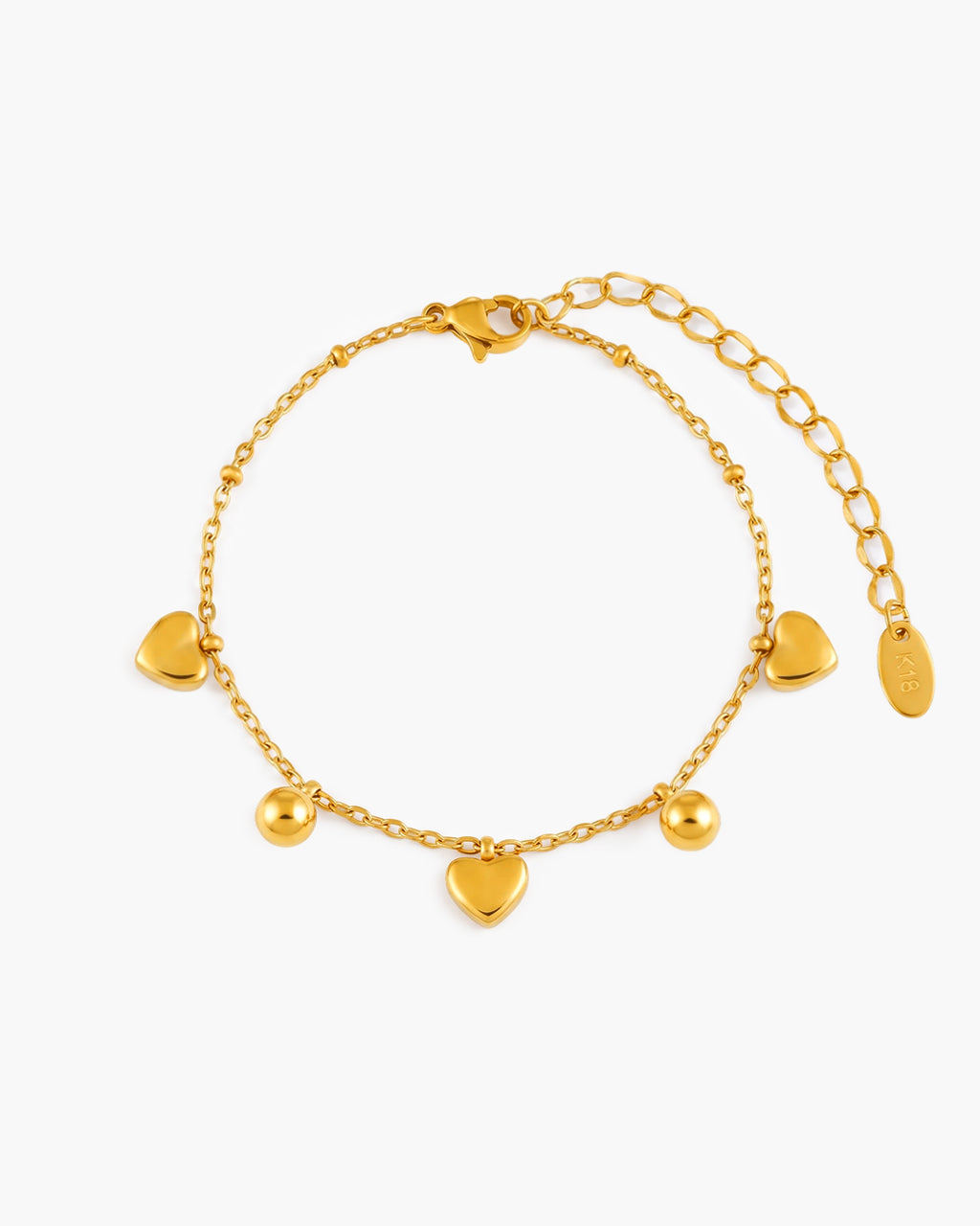Puffy Heart & Bead Charm Waterproof Gold Bracelet