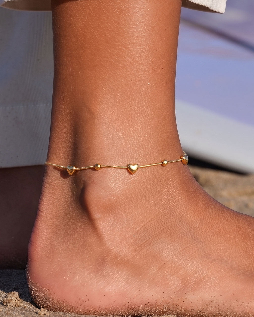 Puffy Heart & Faceted Bead Waterproof Gold Anklet