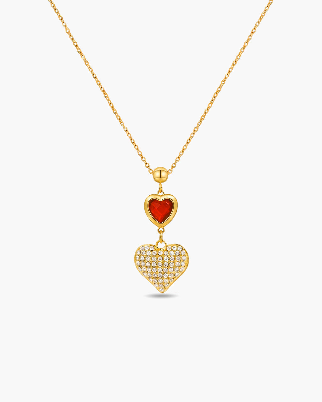 Red Gem Double Heart Waterproof Gold Necklace