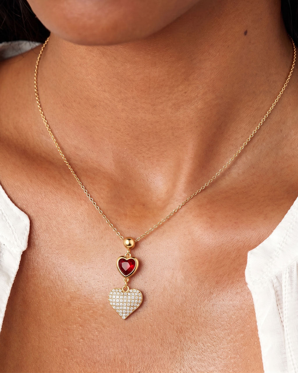 Red Gem Double Heart Waterproof Gold Necklace