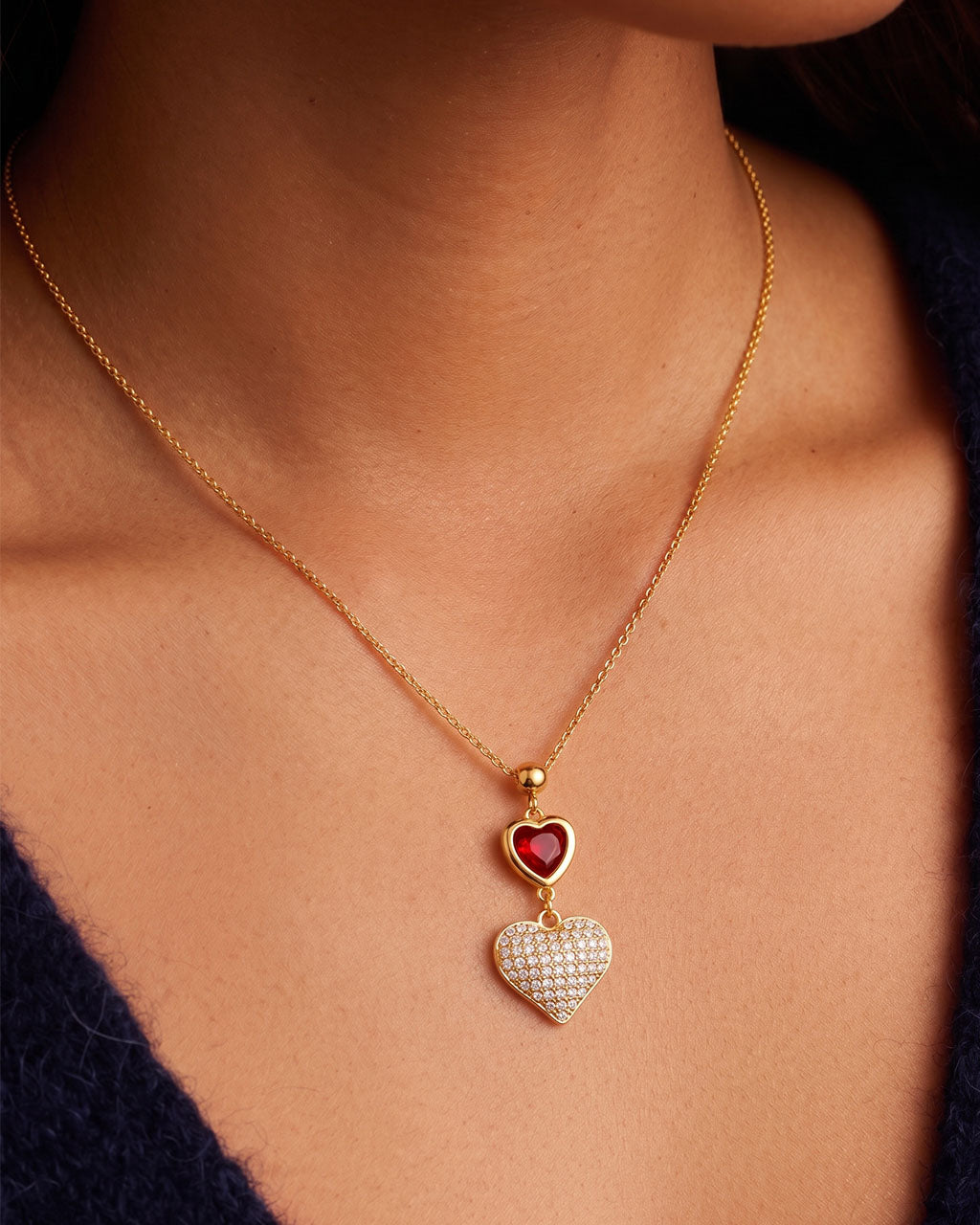 Red Gem Double Heart Waterproof Gold Necklace