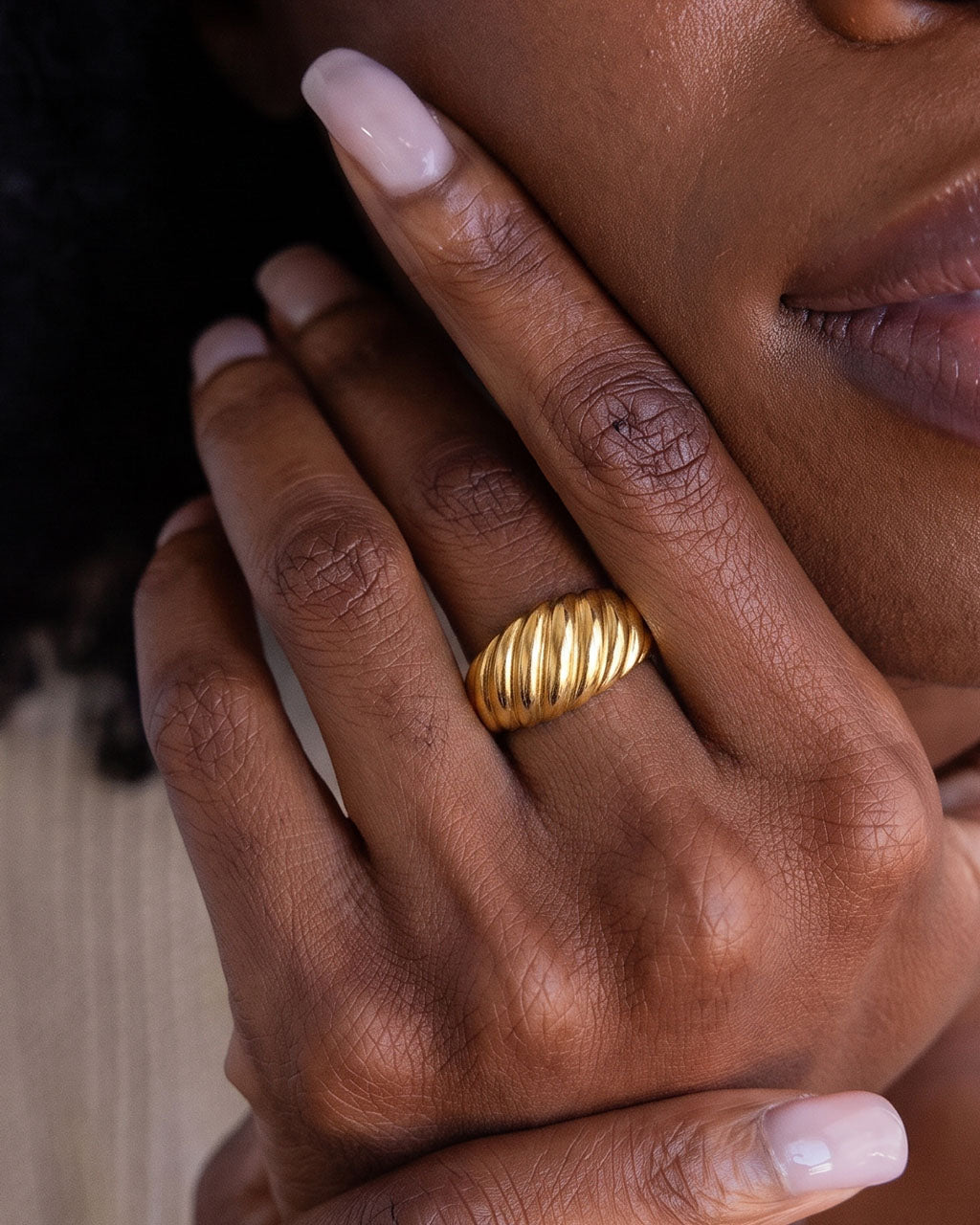 Ribbed Croissant Statement Band Waterproof Gold Ring