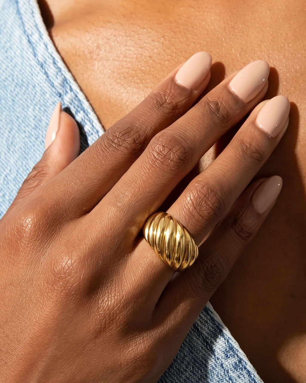 Ribbed Croissant Statement Band Waterproof Gold Ring