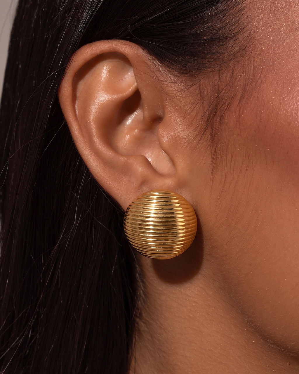 Ribbed Dome Statement Stud Waterproof Gold Earrings