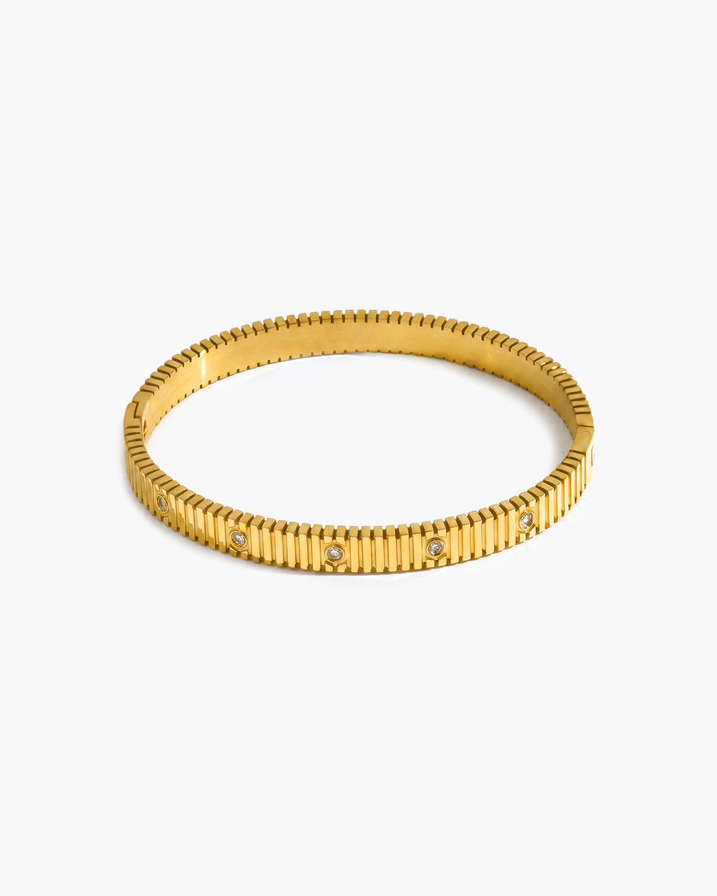 Ridged Simulated Diamond Station Waterproof Gold Bangle