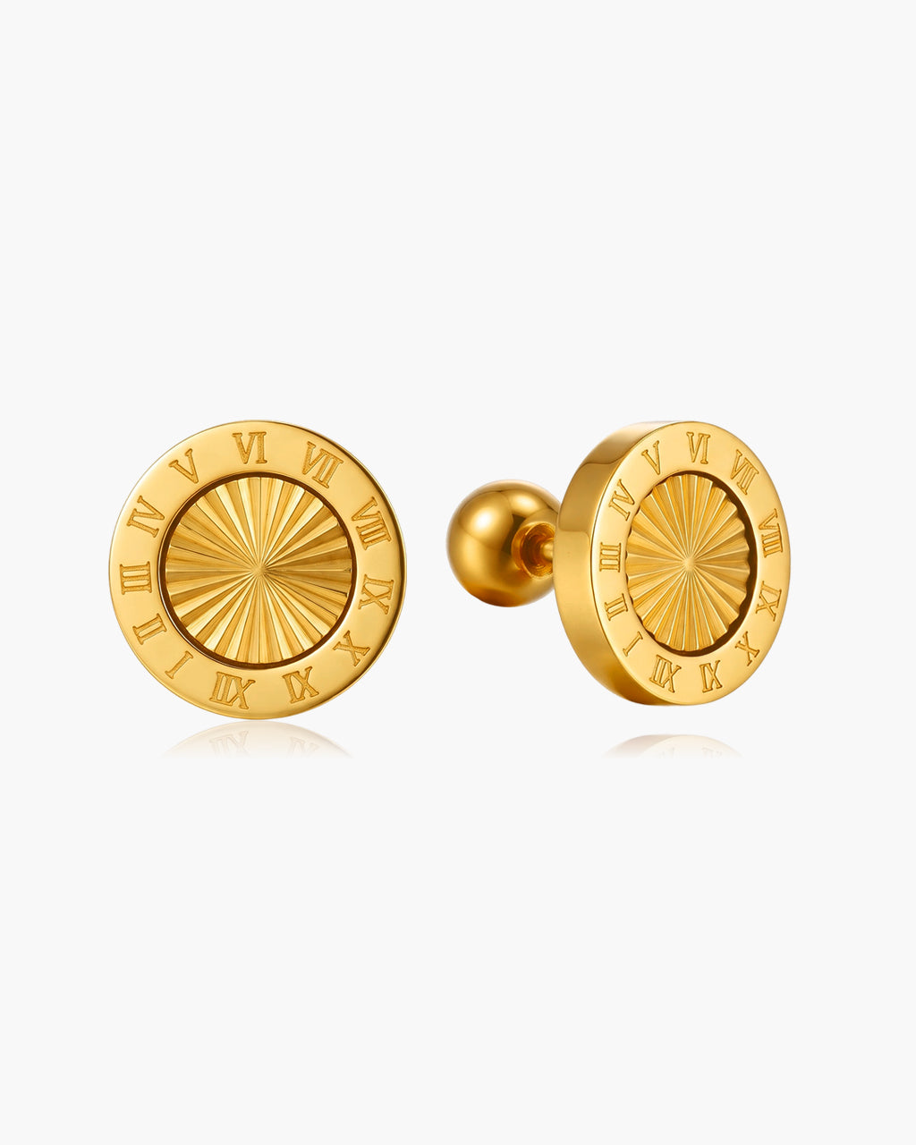 Roman Numeral Medallion Stud Waterproof Gold Earrings