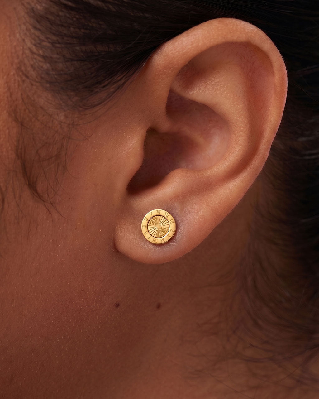 Roman Numeral Medallion Stud Waterproof Gold Earrings