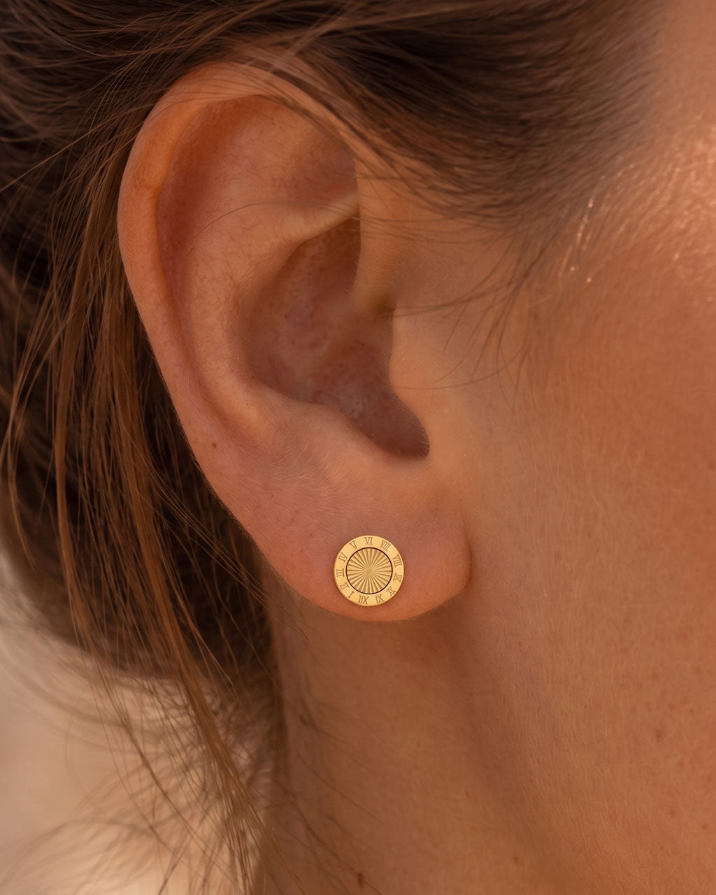 Roman Numeral Medallion Stud Waterproof Gold Earrings