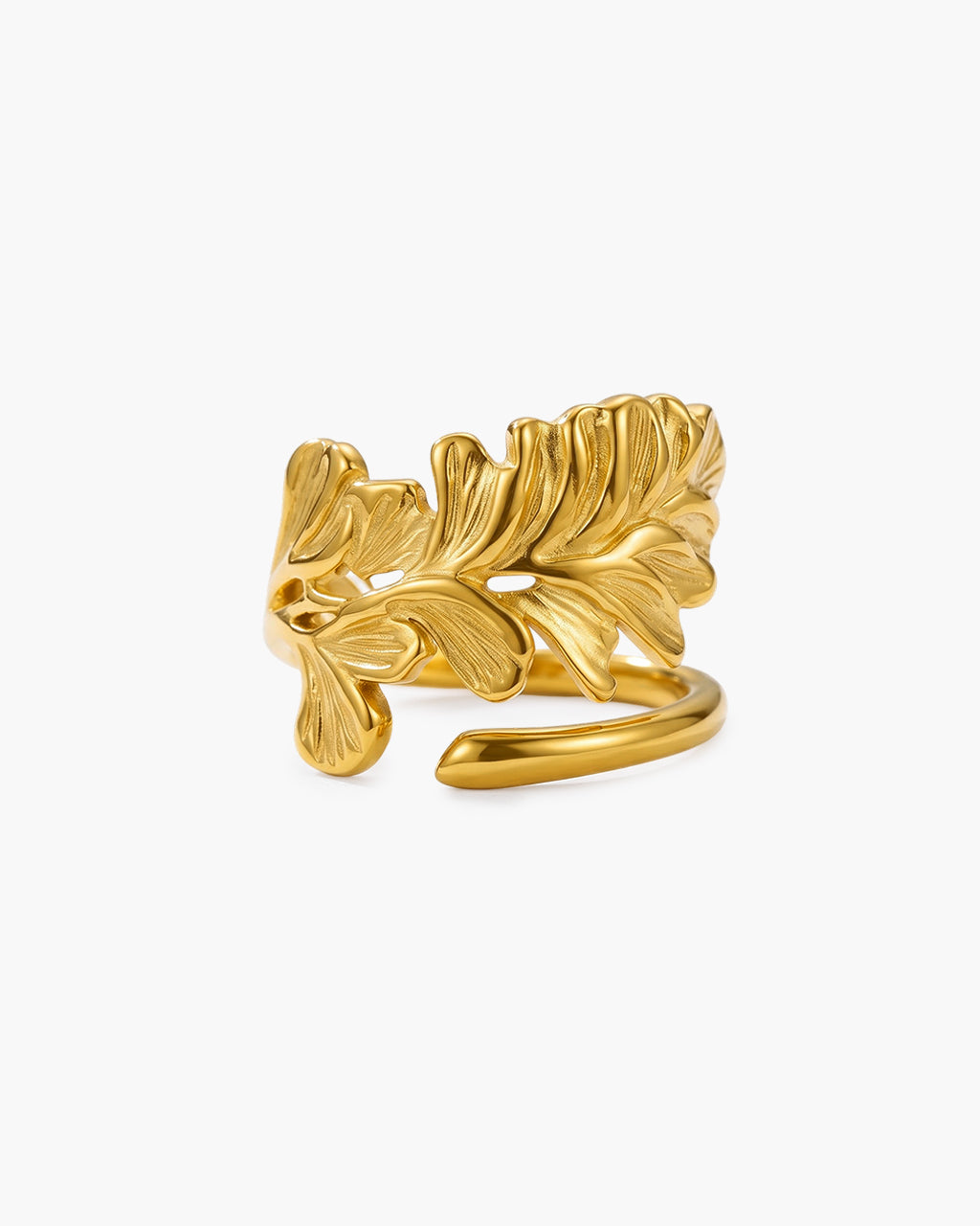 Sculpted Botanical Leaf Adjustable Waterproof Gold Ring