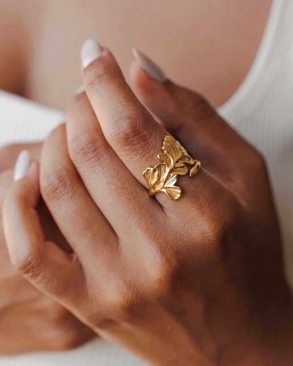 Sculpted Botanical Leaf Adjustable Waterproof Gold Ring