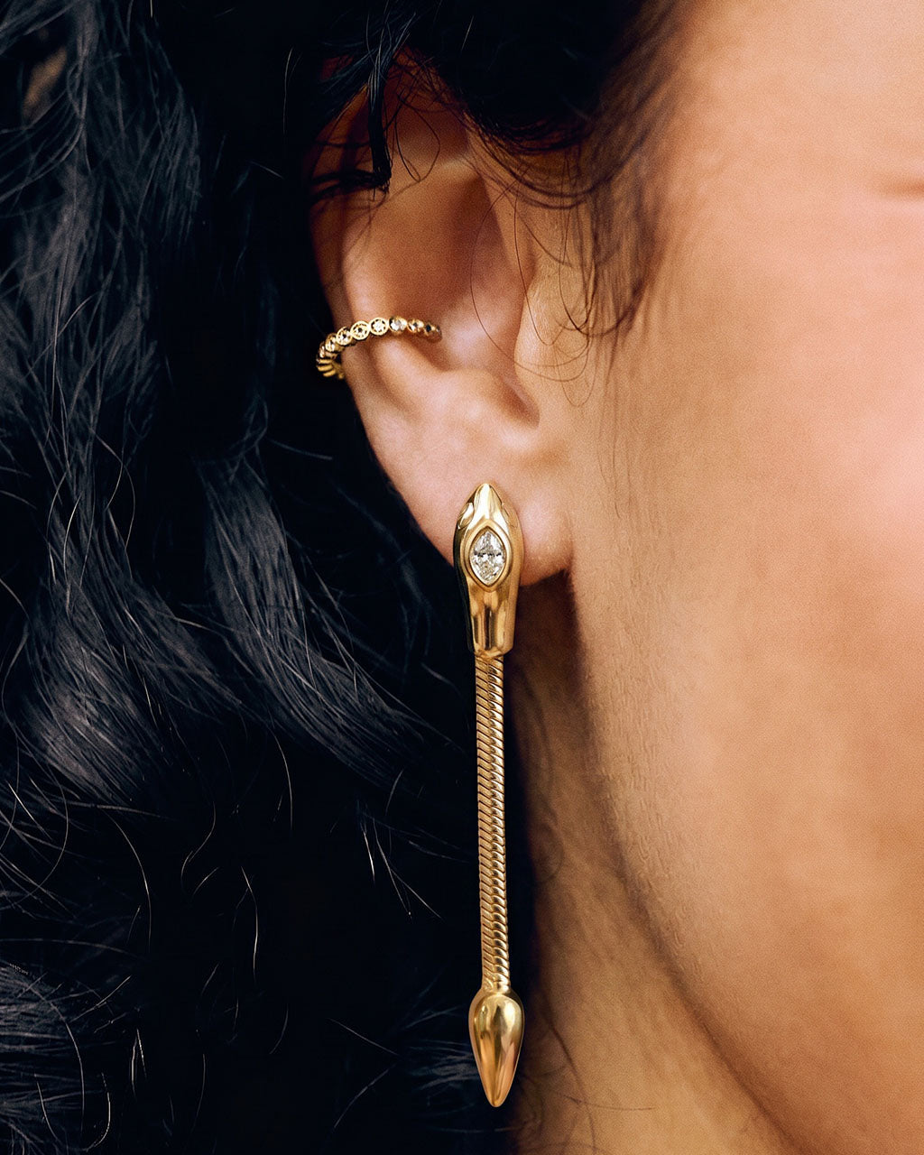 Serpent Eye Chain Drop Stud Waterproof Gold Earrings