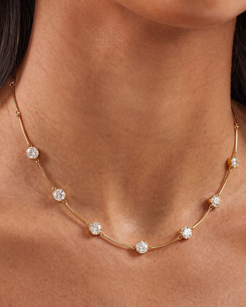 Seven Station Curved Bar Waterproof Gold Necklace