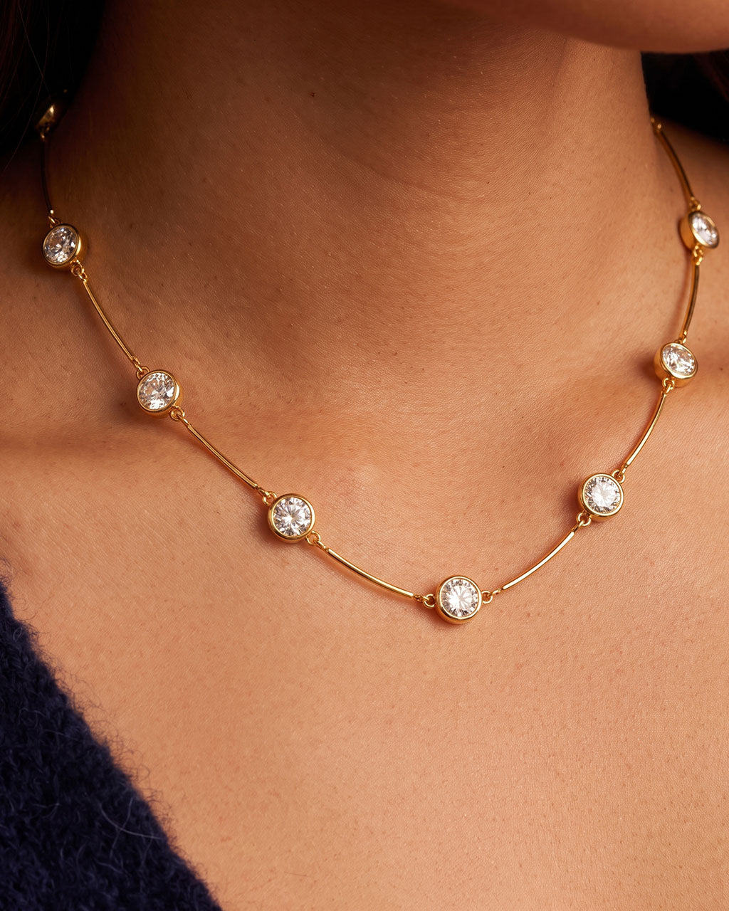 Seven Station Curved Bar Waterproof Gold Necklace