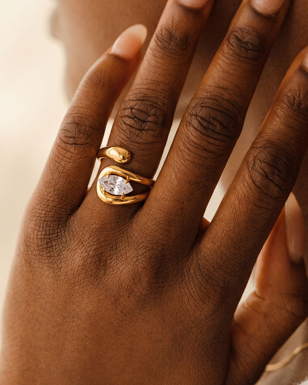 Sideways Marquise Stone Bypass Waterproof Gold Ring