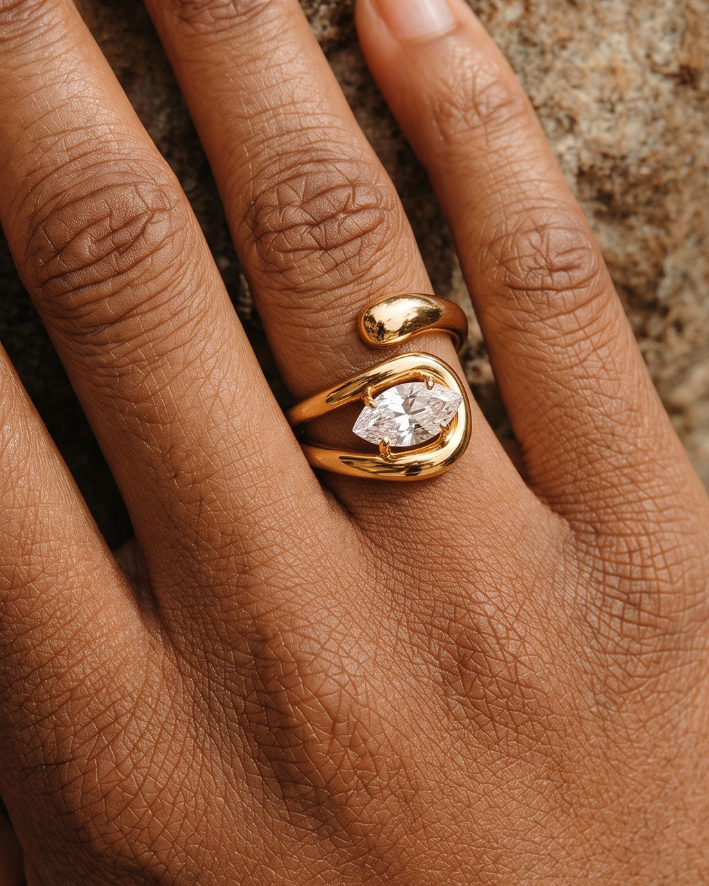 Sideways Marquise Stone Bypass Waterproof Gold Ring