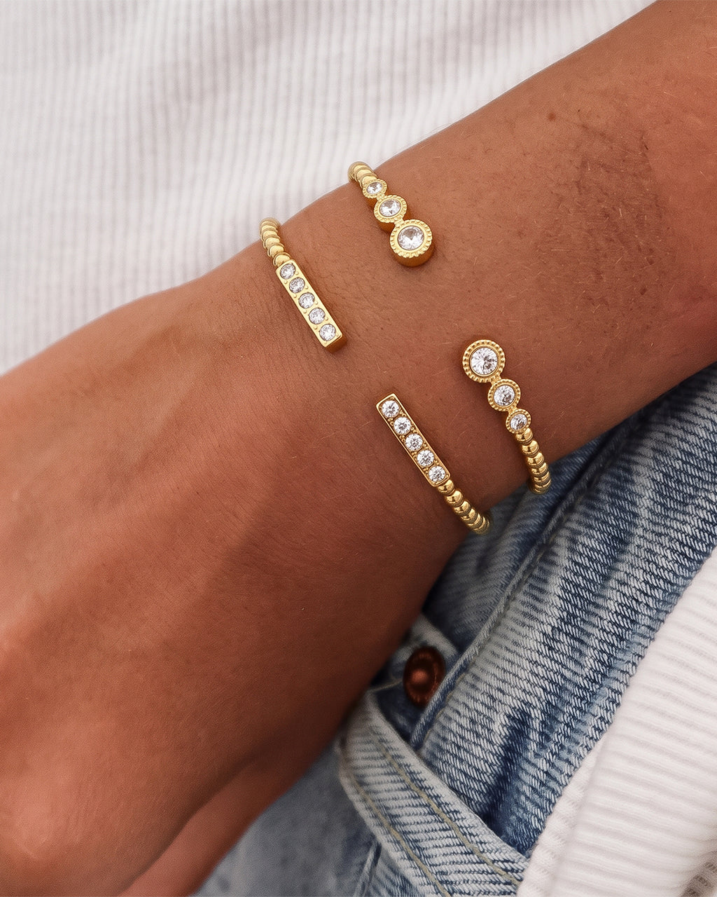 Simulated Diamond Beaded Cuff Waterproof Gold Bracelet