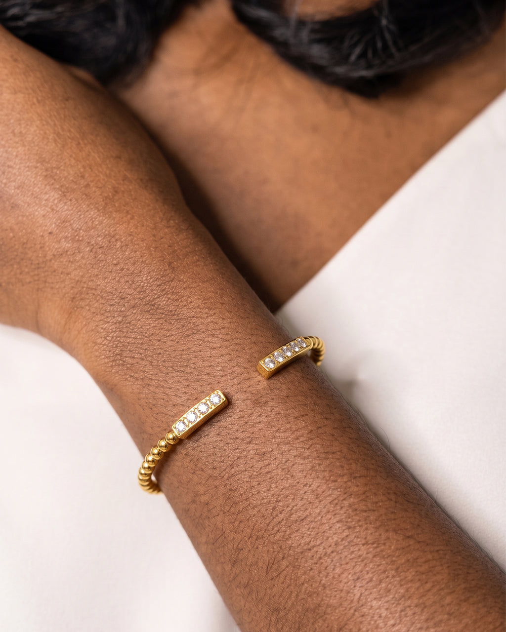 Simulated Diamond Beaded Cuff Waterproof Gold Bracelet