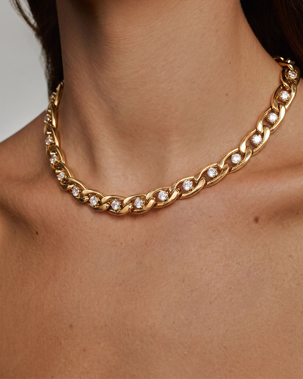 Simulated Diamond Curb Choker Waterproof Gold Necklace