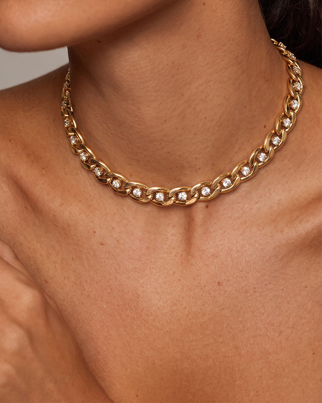 Simulated Diamond Curb Choker Waterproof Gold Necklace