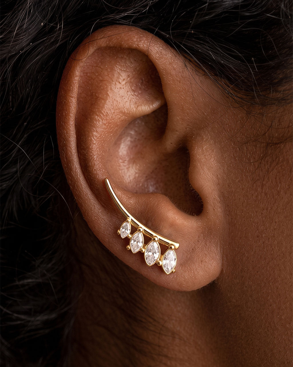 Simulated Diamond Ear Climber Waterproof Gold Earrings