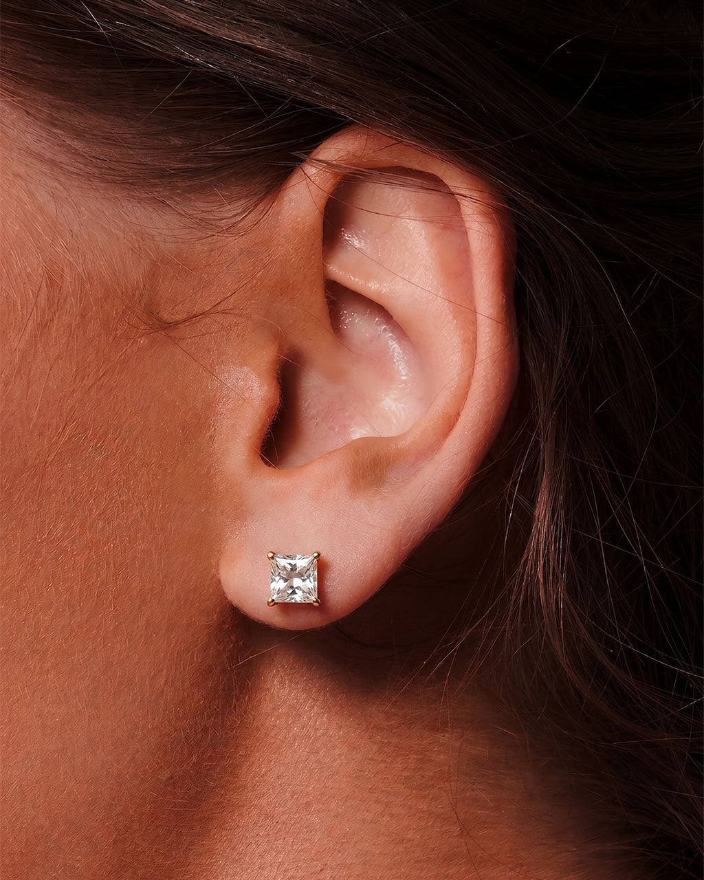 Simulated Diamond Square Stud Waterproof Gold Earrings