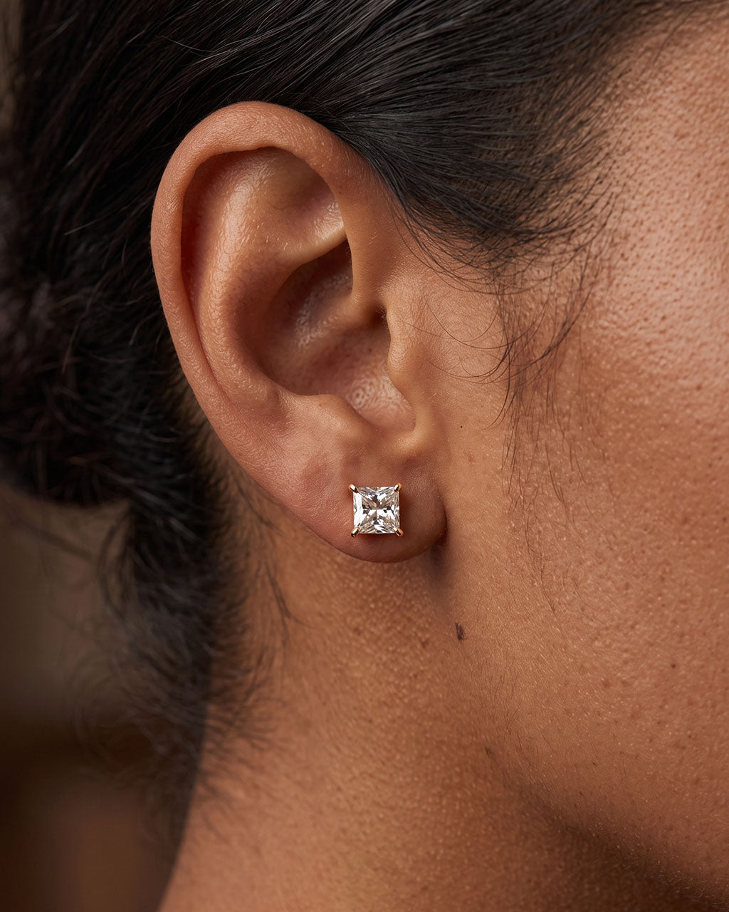 Simulated Diamond Square Stud Waterproof Gold Earrings