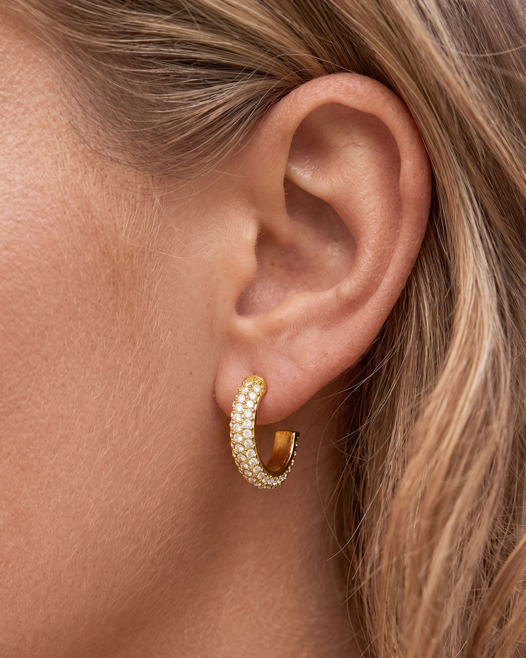 Simulated Diamond Wide C Hoop Waterproof Gold Earrings