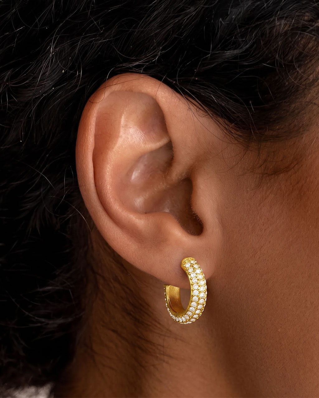 Simulated Diamond Wide C Hoop Waterproof Gold Earrings