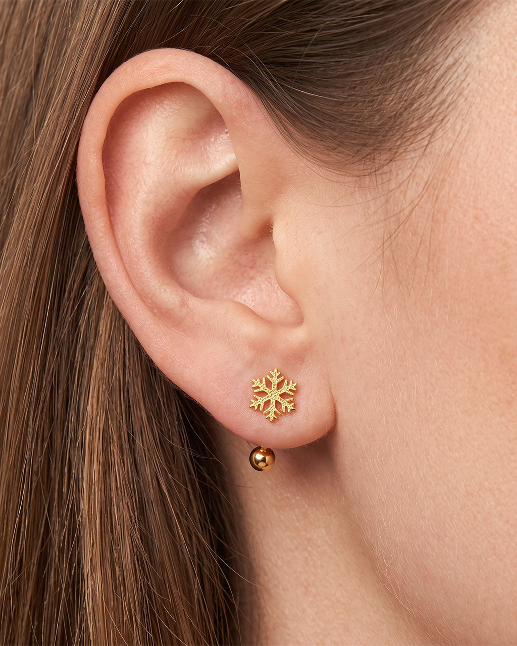 Snowflake & Mini Ball U Hoop Waterproof Gold Earrings