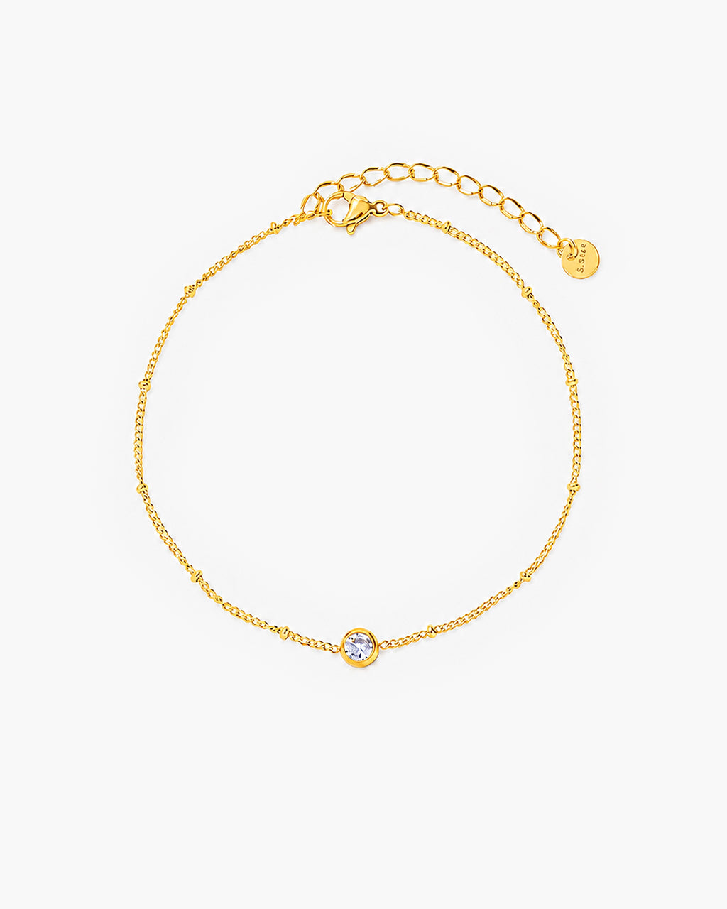 Solitaire Bezel Beaded Chain Waterproof Gold Anklet