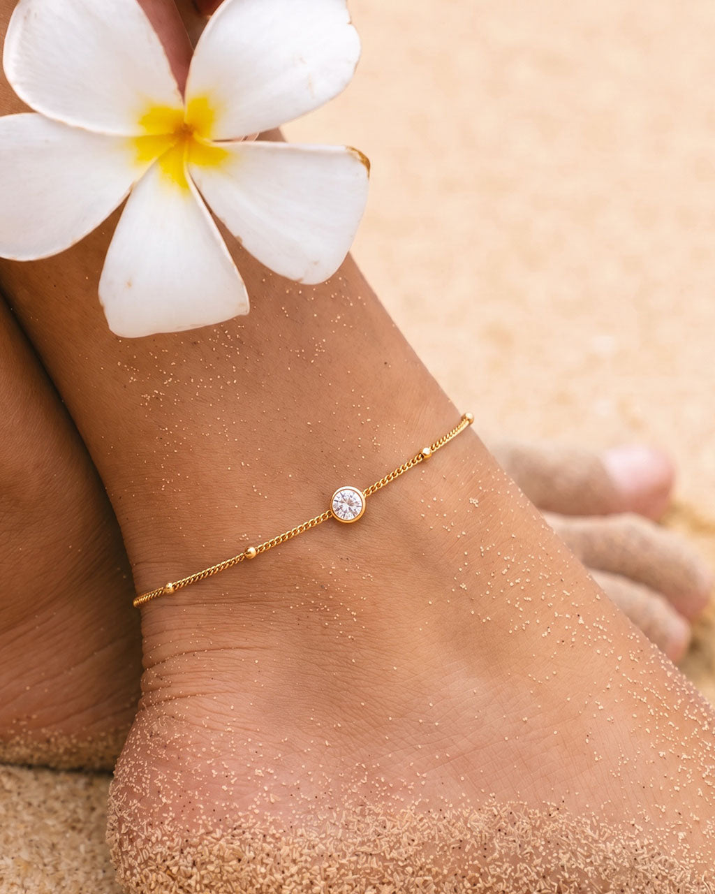 Solitaire Bezel Beaded Chain Waterproof Gold Anklet