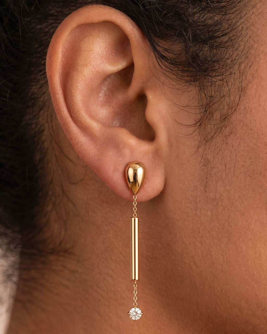 Solitaire Drop Linear Bar Waterproof Gold Earrings