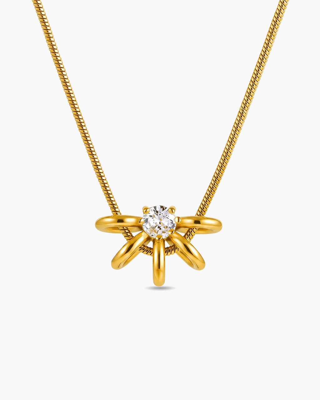 Solitaire Flower Herringbone Waterproof Gold Necklace