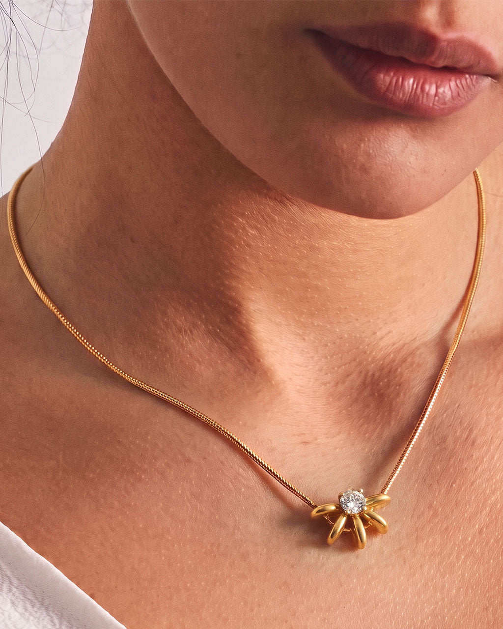 Solitaire Flower Herringbone Waterproof Gold Necklace