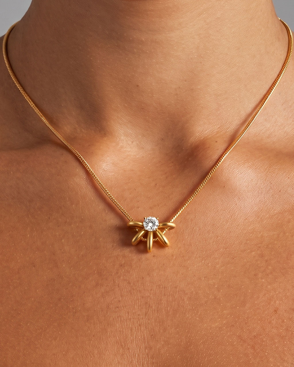 Solitaire Flower Herringbone Waterproof Gold Necklace