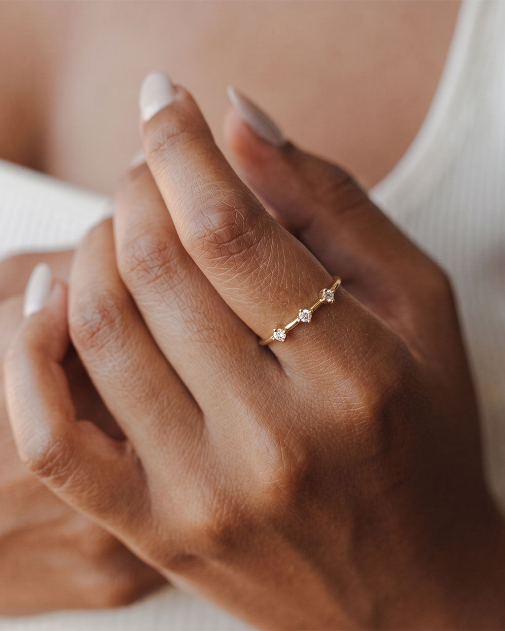 Spaced Three Stone Slim Band Waterproof Gold Ring